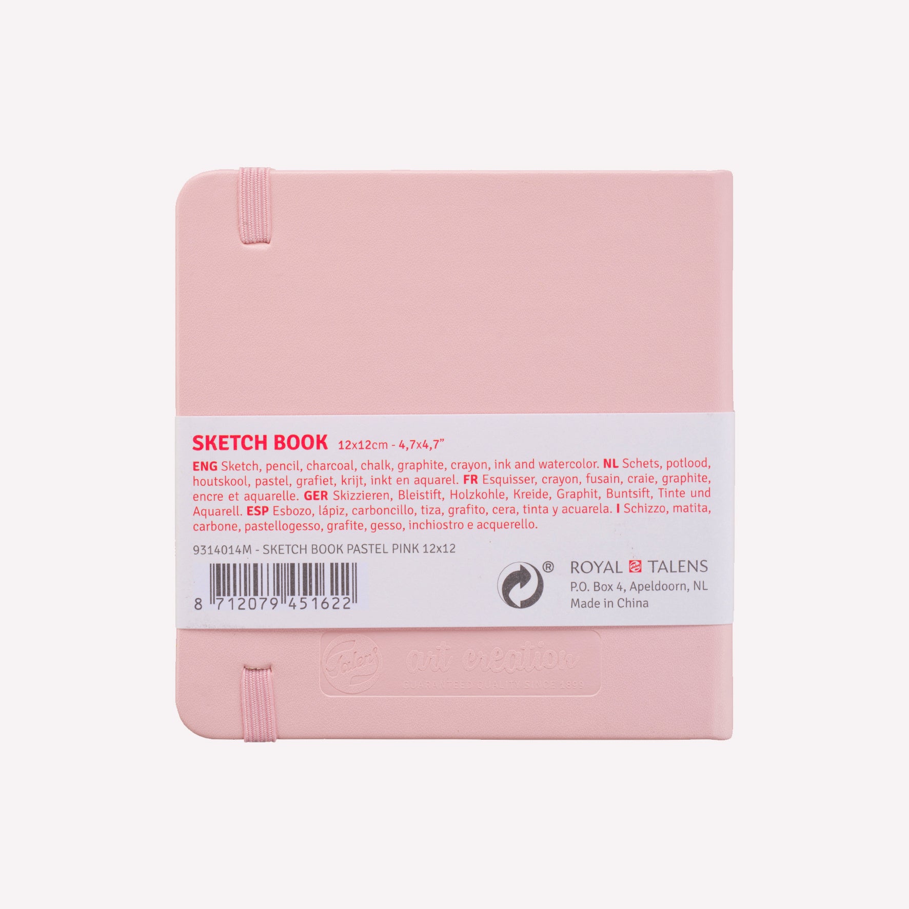 Back of Royal Talens Art Creation pocket sized sketchbook with a sturdy Pastel Pink imitation-leather cover in size 12x12cm.