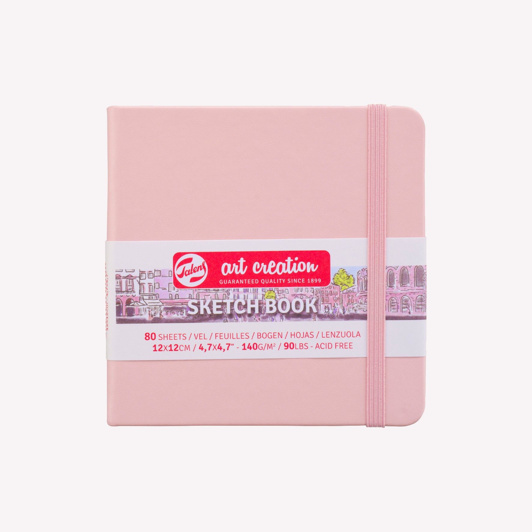 Royal Talens Art Creation pocket sized sketchbook with a sturdy Pastel Pink imitation-leather cover in size 12x12cm.