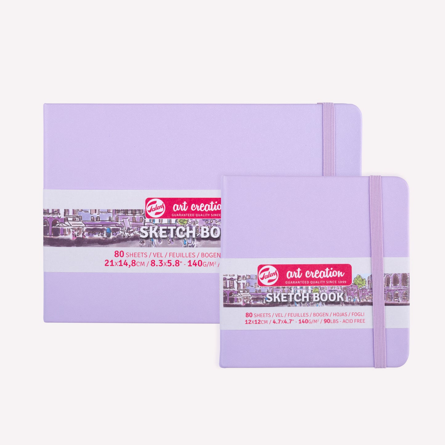 Royal Talens Art Creation Sketchbooks with a sturdy Pastel Violet imitation-leather cover, available in 21x14.8cm and 12x12cm.