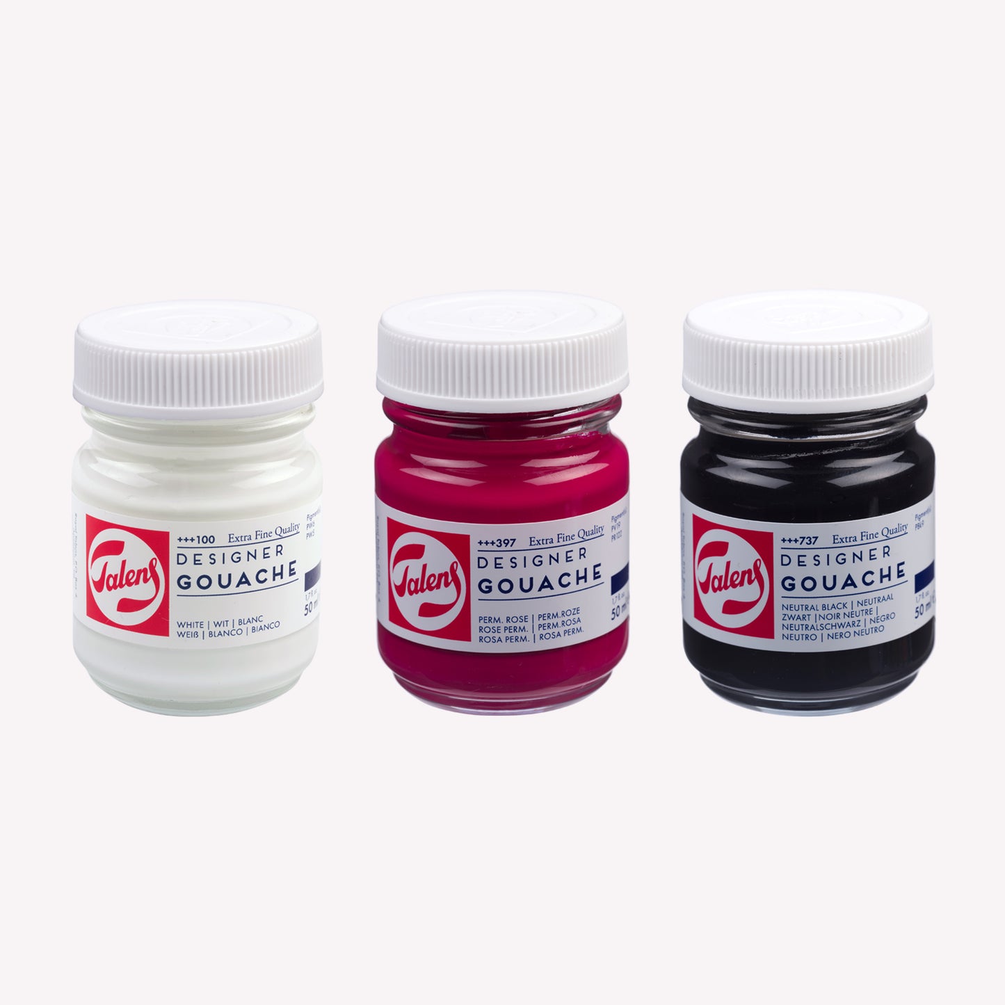 A set of 3 Royal Talens Gouache Extra Fine Quality paint in White, Permanent Rose and Neutral Black, packaged in clear glass 50ml jars with a white lid. 