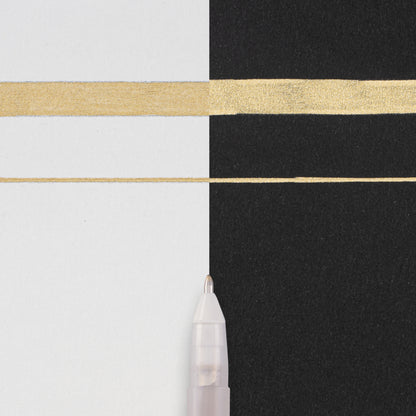 Sakura gelly roll metallic rollerball gel pen in gold with a 0.7mm line width. gold swatch on black and white background.  