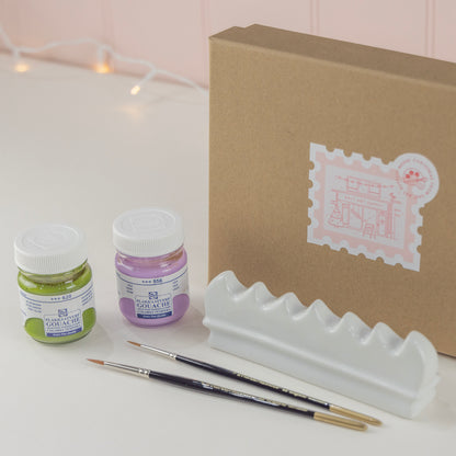 Salt Art Supply Gouache Duo and Brush Rest Gift Set designed for gouache painters and presented in a sturdy kraft box for Christmas gifting. 