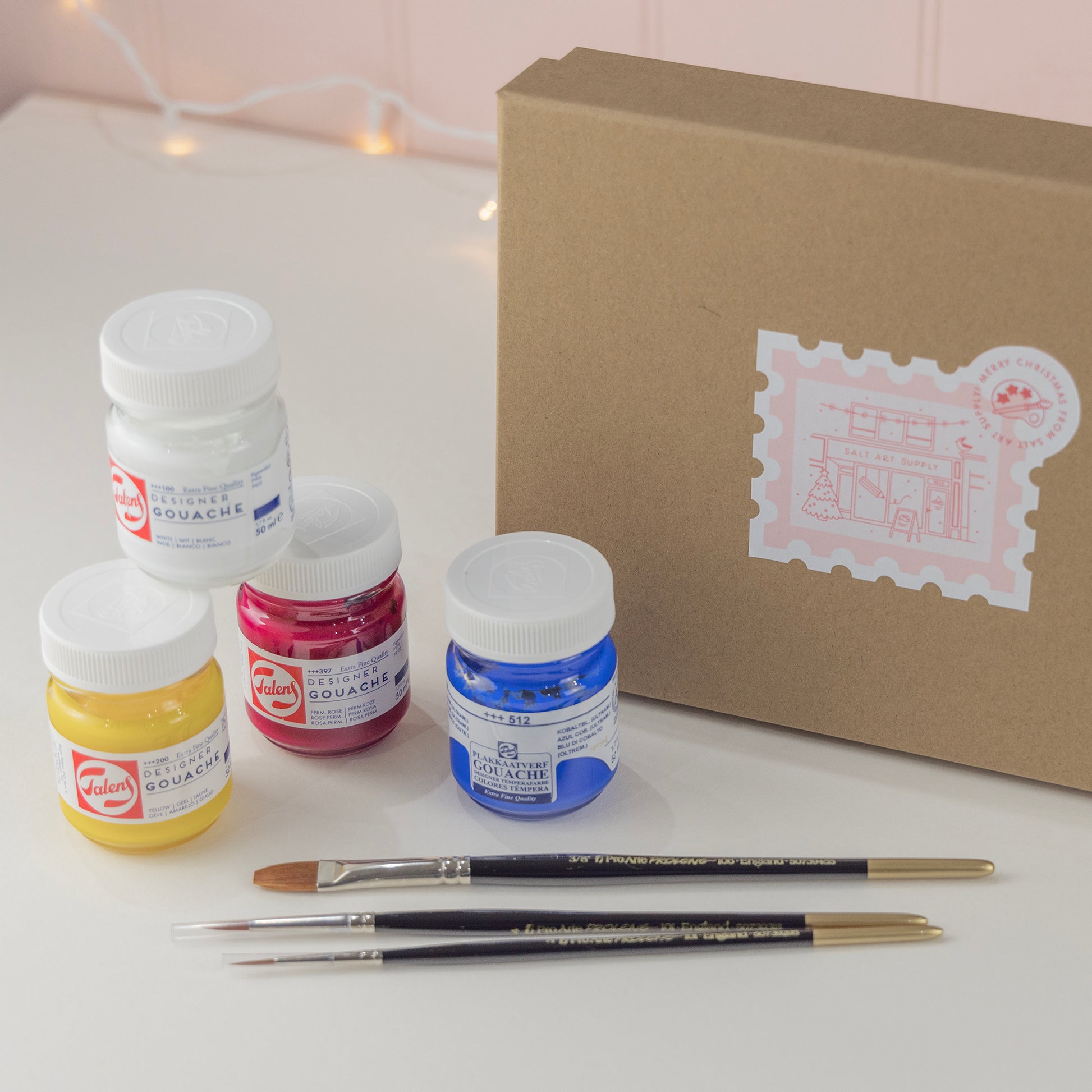 Salt Art Supply Gouache for Beginners Christmas gift set included four gouache paints and three artist quality brushes presented in a sturdy kraft gift box. 