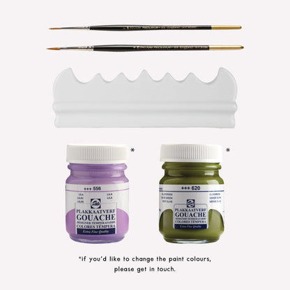 Salt Art Supply Gouache Duo and Brush Rest Gift Set with olive green and lilac gouache paints, two artist paintbrushes and a ceramic brush rest. 