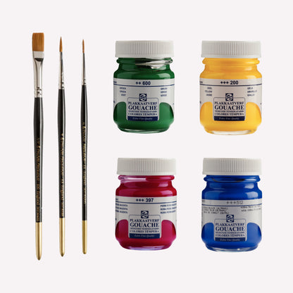 Salt Art Supply Gouache for Beginners Gift Set containing four Royal Talens Extra Fine Gouache Paints - Permanent Rose (Magenta), Yellow, Cobalt Blue and Green - and three Pro Arte Artist Brushes. 