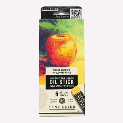 A set of 6 Vibrant oil paint sticks packaged in a card box with an apple design on the front, made by Sennelier. 