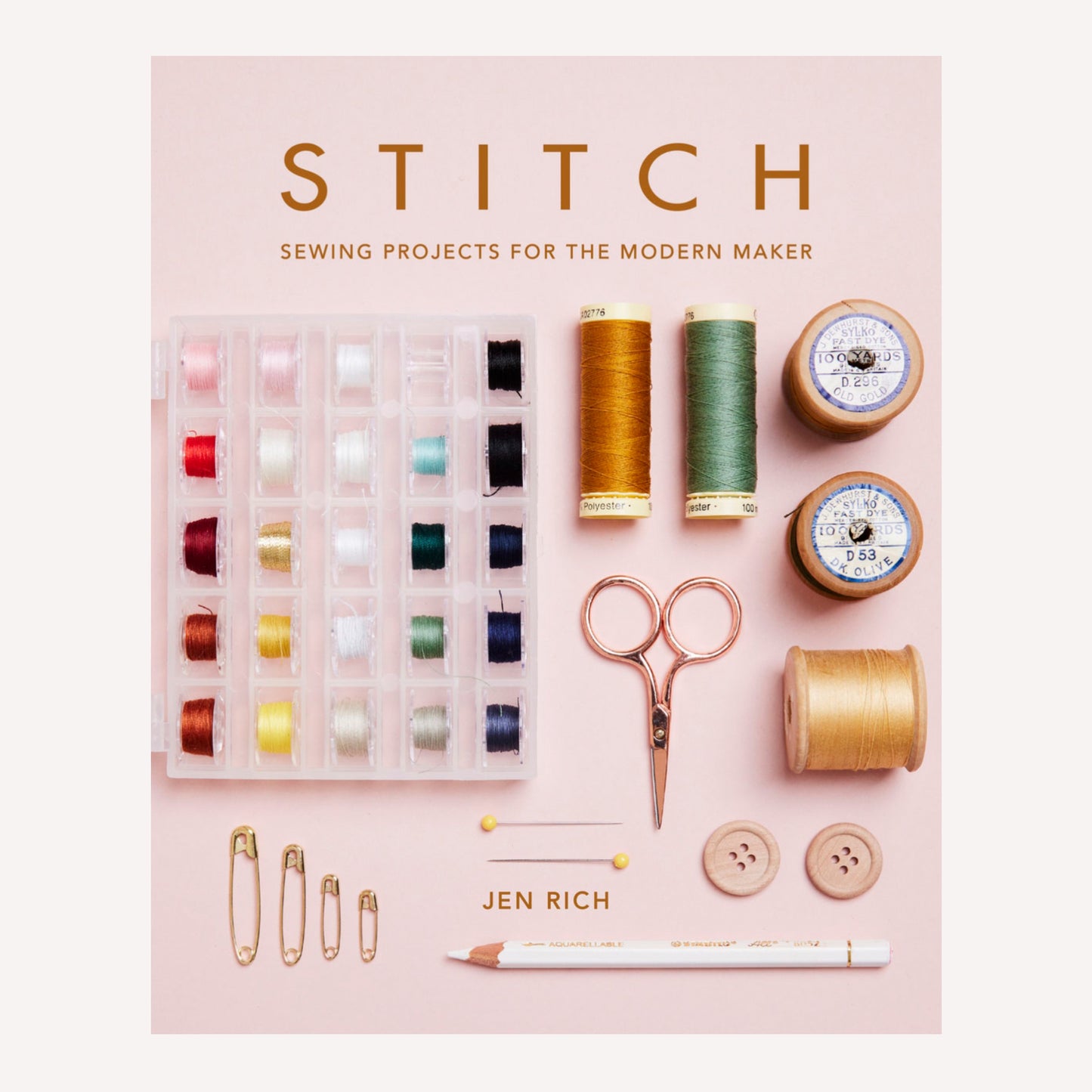 Book cover titled “Stitch” by Jen Rich. The pink covers features flat lay style photos of different sewing items such as thread, pins and scissors in a grid layout. 