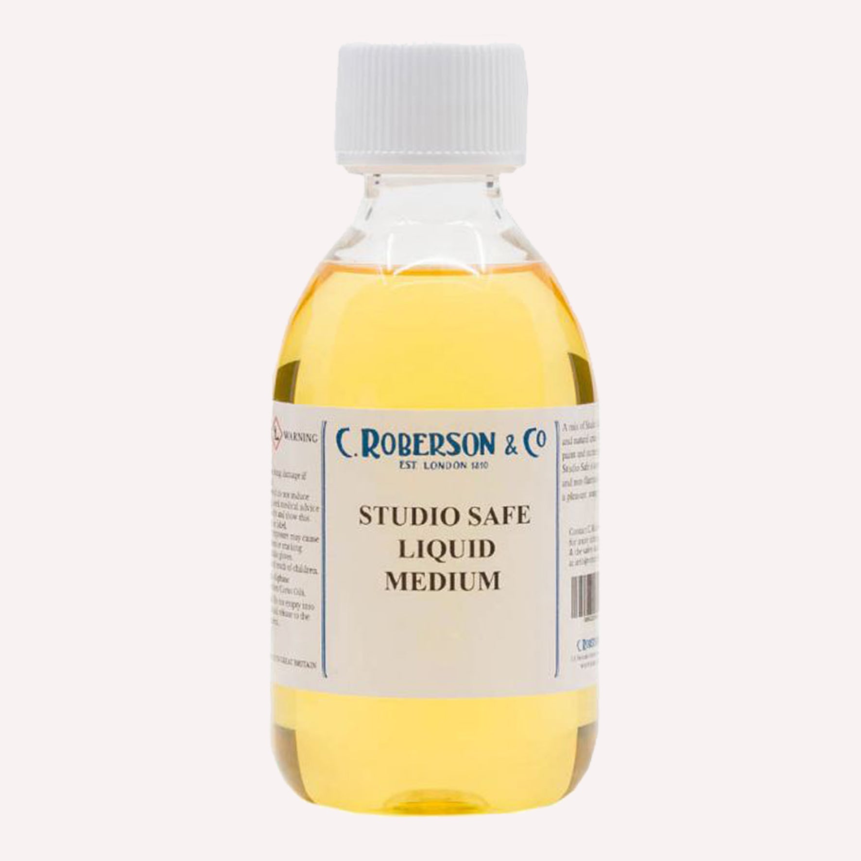 Roberson & Co Studio Safe Liquid Medium packaged in a 250ml bottle used to thin oil based mediums and increase gloss. 