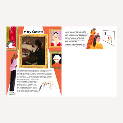 Inside “The Looking Book” by Lucia Vinti. This double page spread features introduction to artist Mary Cassatt.