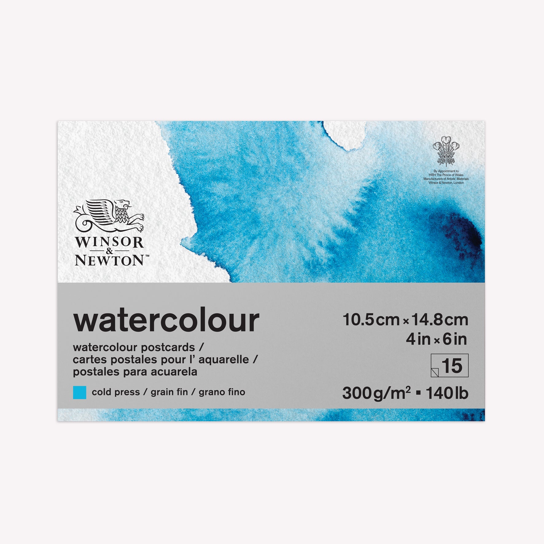 Winsor & Newton Artist A4 Watercolour Postcard Pad. Cover features blue wash of watercolour on a textured white background.  