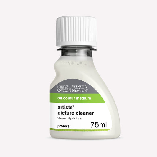 Winsor & Newton Artist Picture Cleaner packaged in a 75ml bottle, used to clean and restore oil paintings simply and inexpensively. 