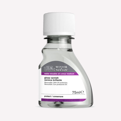 Winsor & Newton's Water Mixable Gloss Varnish packaged in a 75ml bottle, formulated to protect artwork from dust and grease, giving a luminous, high-gloss finish to artwork. 