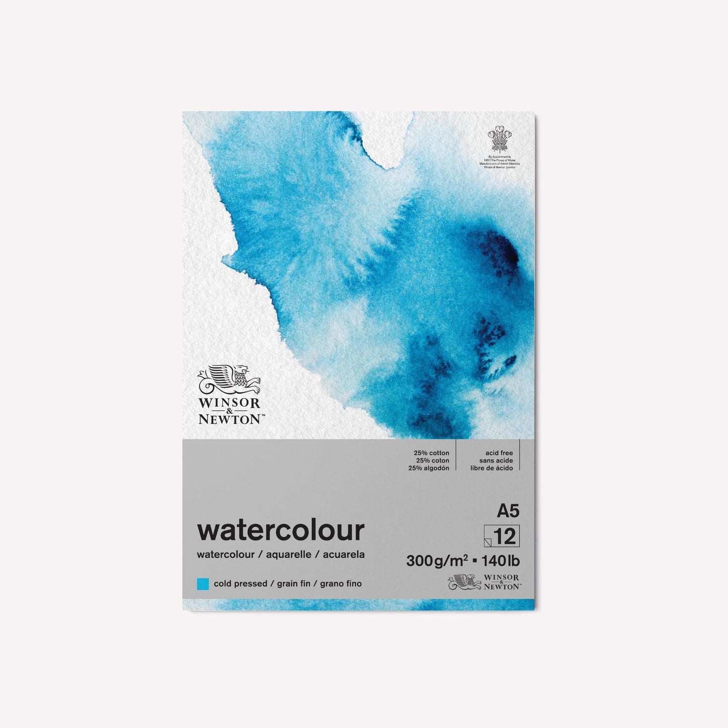 Winsor & Newton's A5 watercolour gummed paper pad with 12 sheets of cold pressed paper. Cover features a blue wash of watercolour on a textured white background. 