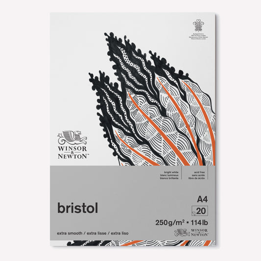 Winsor & Newton Artist Bristol Board A4 Pad. Cover features a bold, black and orange line drawing.
