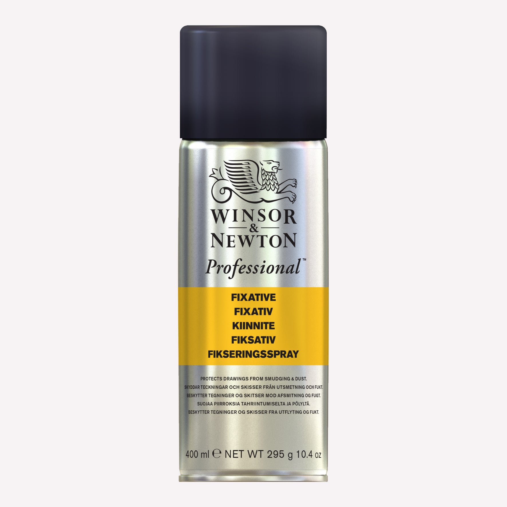 Winsor & Newton's Professional Fixative Spray packaged in a silver aerosol can with a black lid and yellow detailing. Designed to protect artwork from smudging. 