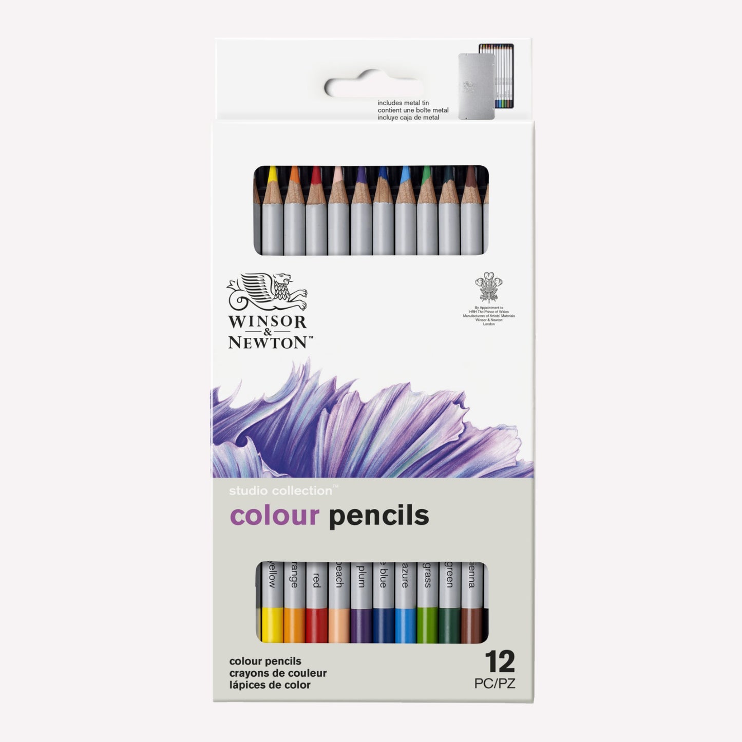 Winsor & Newton's Studio Collection set of 12 colour pencils with a metal tin packaged in a white card box. 