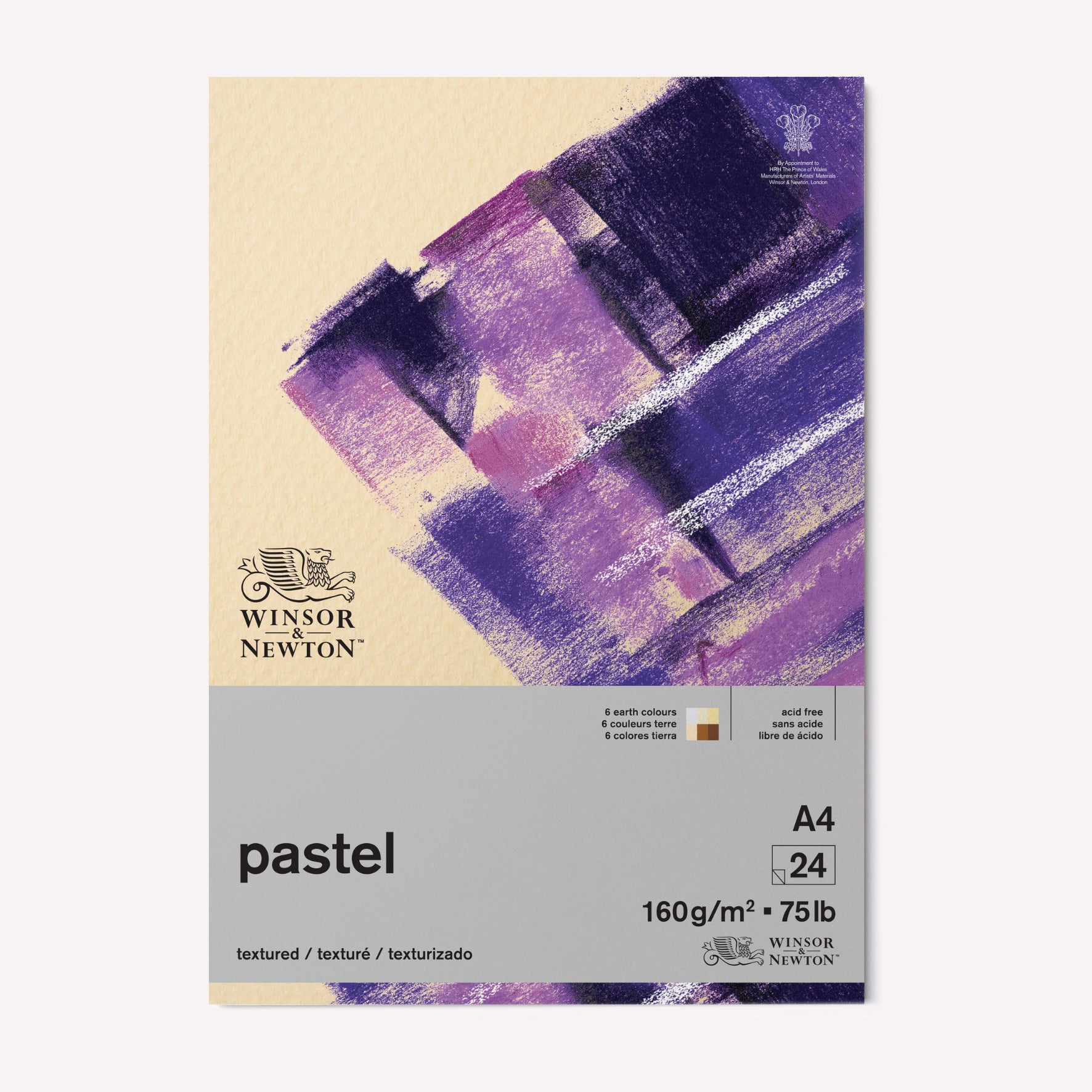 Winsor & Newton Artist A4 Earth Toned Pastel Paper Pad. Cover features a purple pastel marks on a yellow textured background. 
