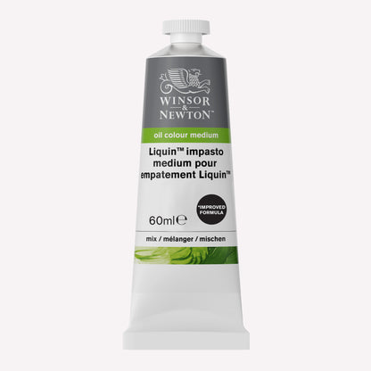 Winsor & Newton Liquin Impasto Medium packaged in a white, 60ml tube, used to speed drying and retain brush marks.  