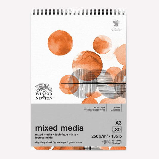 Winsor and Newton's A3 mixed media paper pad with a spiral fixing and 30 sheets of 250gsm paper for drawing, painting and mixed media works. 