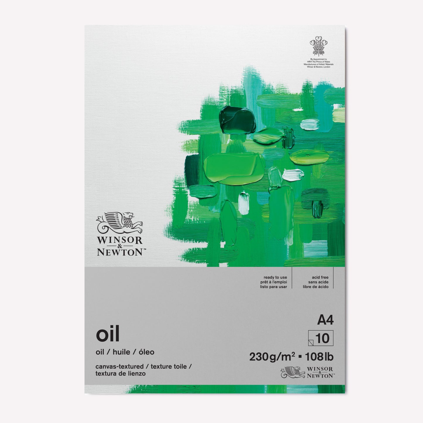 Winsor & Newton Artist A4 Oil Paper Pad. Cover features green feathered brushstrokes marks on a white background.  