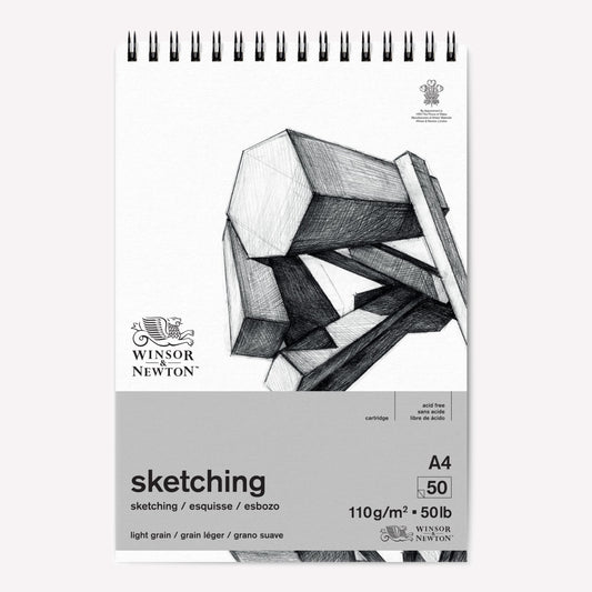 Winsor and Newton's A4 spiral bound sketching paper pad, with 50 sheets of 110gsm paper for drawing with pencil, charcoal and pastel. 