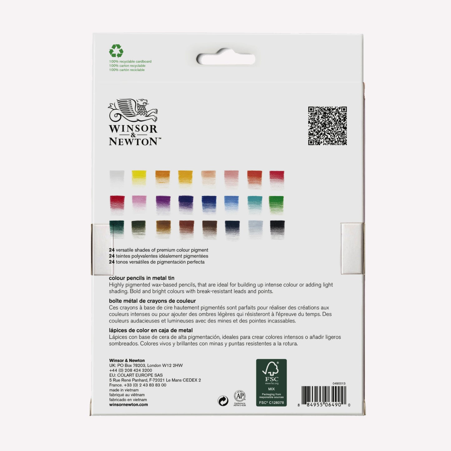 Back of packaging for Winsor & Newton's Studio Collection set of 24 coloured pencils with colour swatches. 