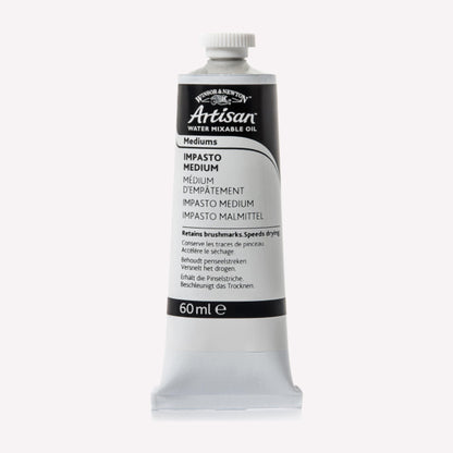 Winsor & Newton's Water Mixable Impasto Medium packaged in a white, 60ml tube, used to retain brush marks and speed drying of water mixable oil colour. 